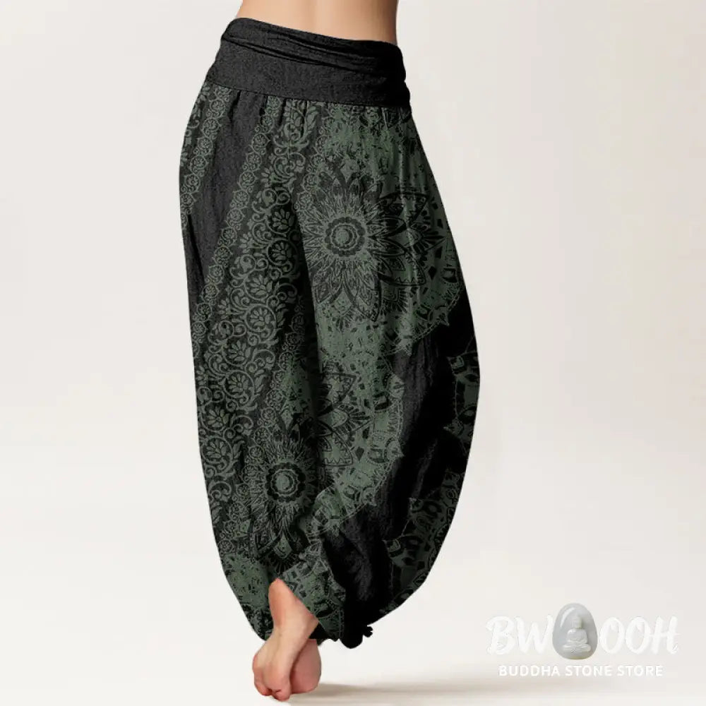 Buddha Stones Cotton Mandala Pattern Parallel Flowers Women’s Elastic Waist Harem Pants - Women’s Harem Pants