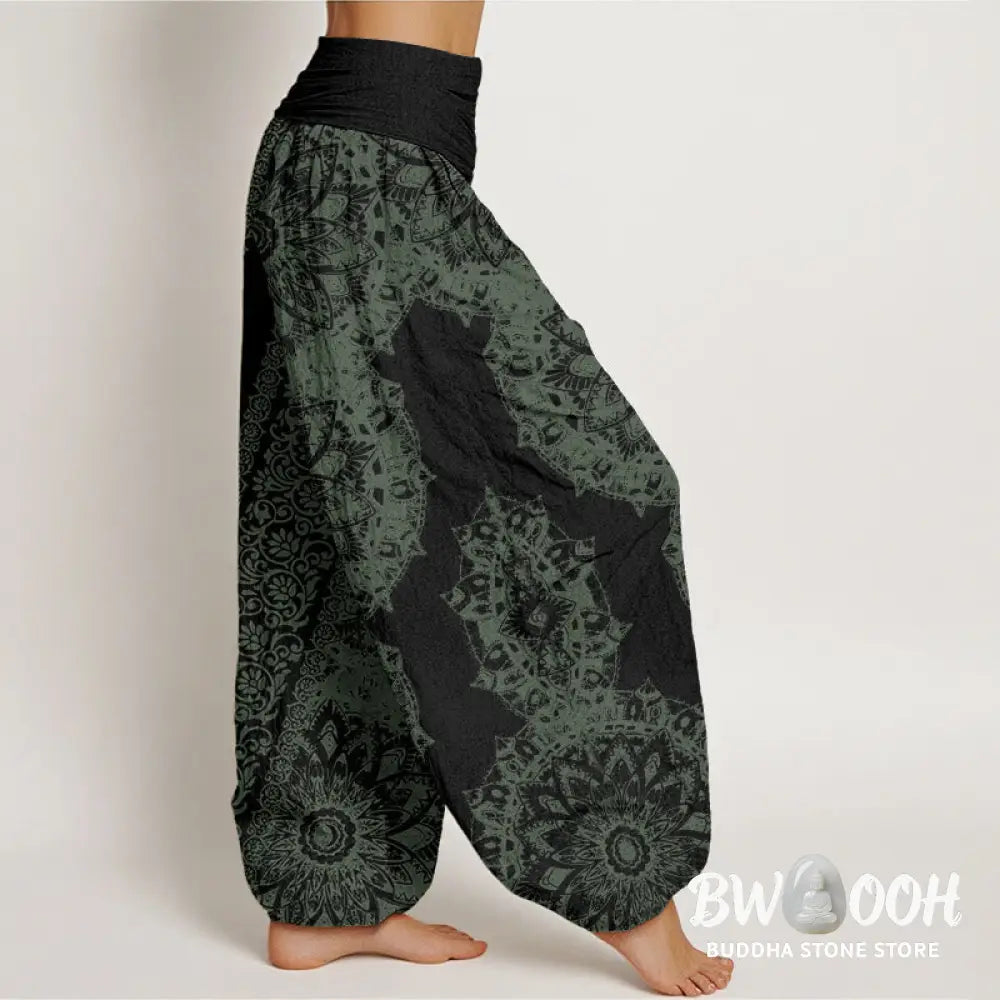 Buddha Stones Cotton Mandala Pattern Parallel Flowers Women’s Elastic Waist Harem Pants - Women’s Harem Pants