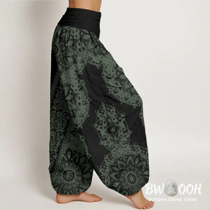 Buddha Stones Cotton Mandala Pattern Parallel Flowers Women’s Elastic Waist Harem Pants - Women’s Harem Pants