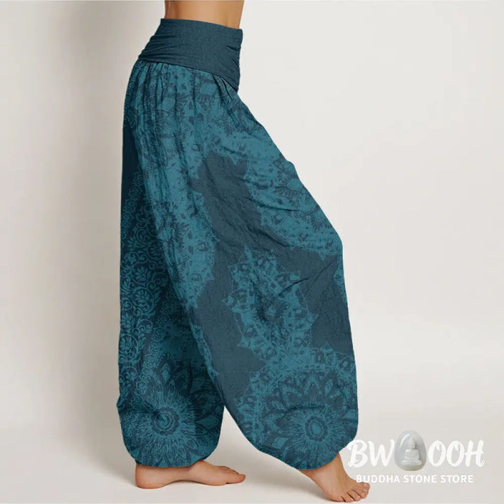 Buddha Stones Cotton Mandala Pattern Parallel Flowers Women’s Elastic Waist Harem Pants - Women’s Harem Pants