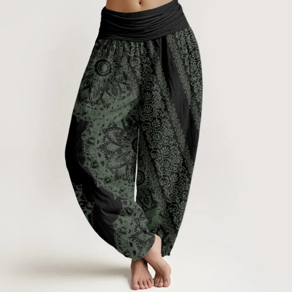 Buddha Stones Cotton Mandala Pattern Parallel Flowers Women’s Elastic Waist Harem Pants - Black / US2，UK/AU6，EU34 (XS)