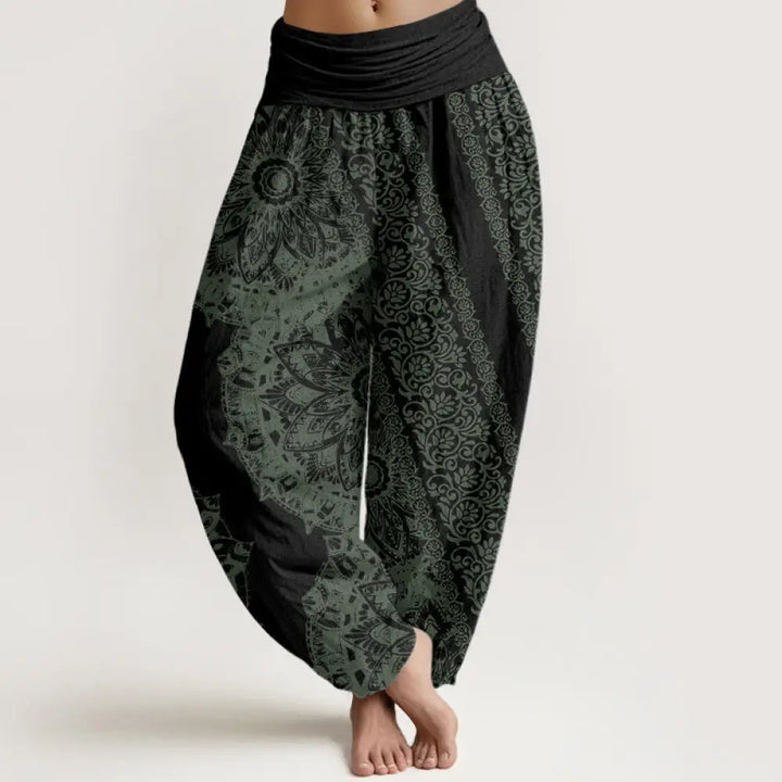 Buddha Stones Cotton Mandala Pattern Parallel Flowers Women’s Elastic Waist Harem Pants - Black / US2，UK/AU6，EU34 (XS)