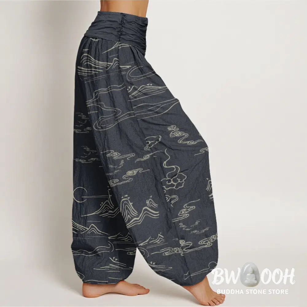 Buddha Stones Cotton Mountain Moon Auspicious Clouds Pattern Women's Elastic Waist Harem Pants - Women's Harem Pants