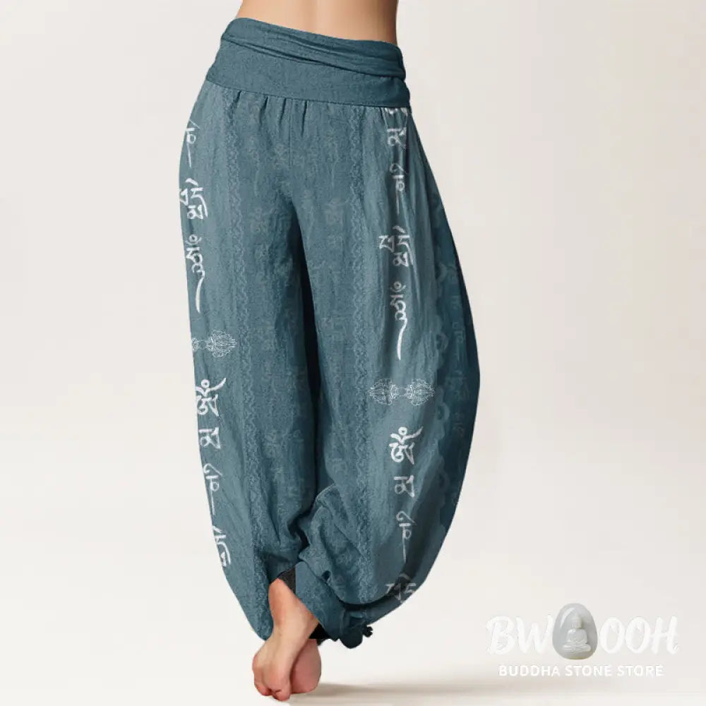 Buddha Stones Cotton Om Mani Padme Hum Pattern Women’s Elastic Waist Harem Pants - Women’s Harem Pants