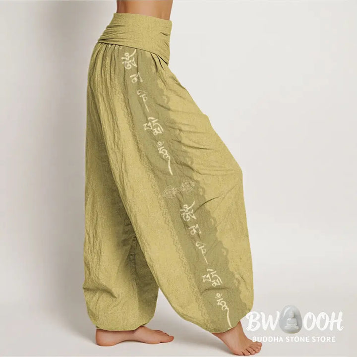 Buddha Stones Cotton Om Mani Padme Hum Pattern Women’s Elastic Waist Harem Pants - Women’s Harem Pants