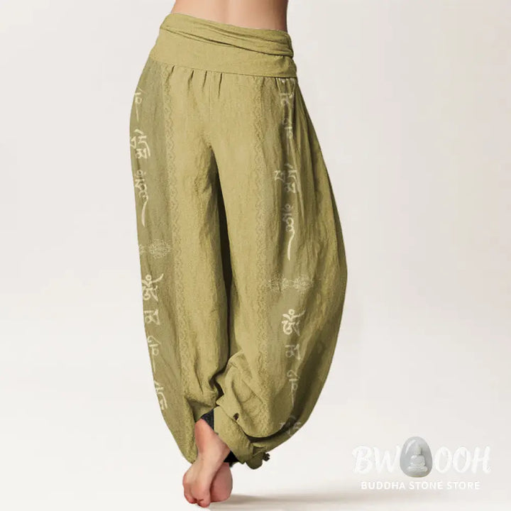 Buddha Stones Cotton Om Mani Padme Hum Pattern Women’s Elastic Waist Harem Pants - Women’s Harem Pants