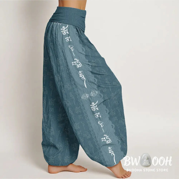 Buddha Stones Cotton Om Mani Padme Hum Pattern Women’s Elastic Waist Harem Pants - Women’s Harem Pants
