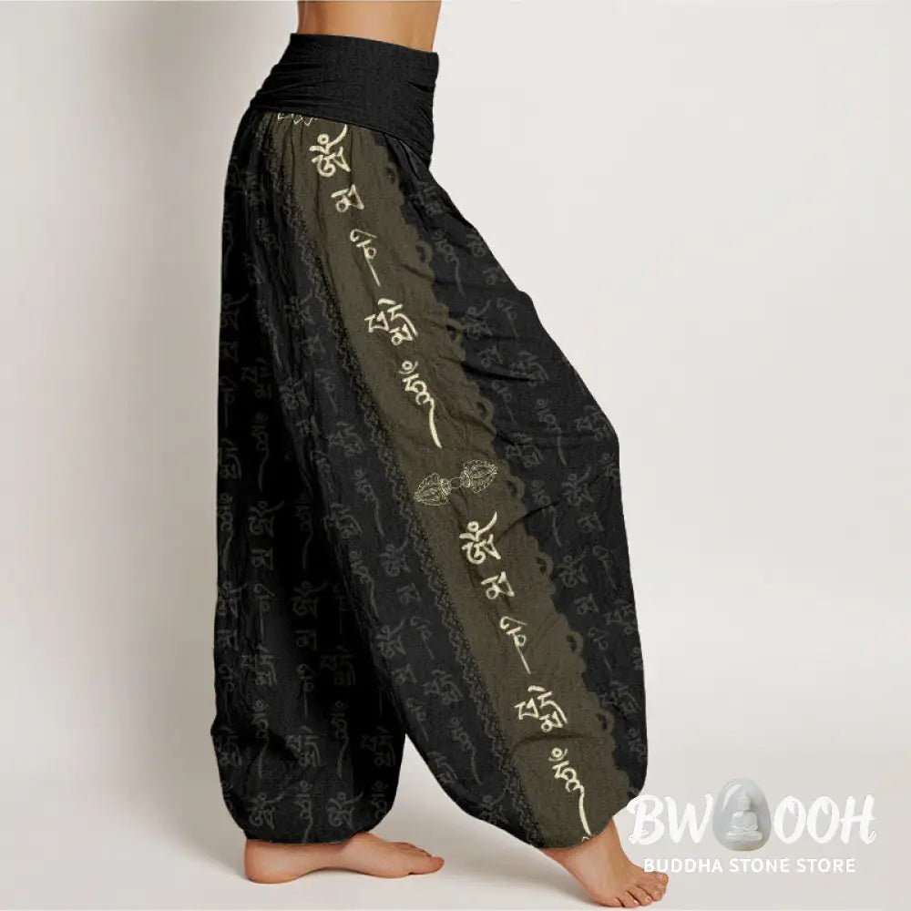 Buddha Stones Cotton Om Mani Padme Hum Pattern Women’s Elastic Waist Harem Pants - Women’s Harem Pants