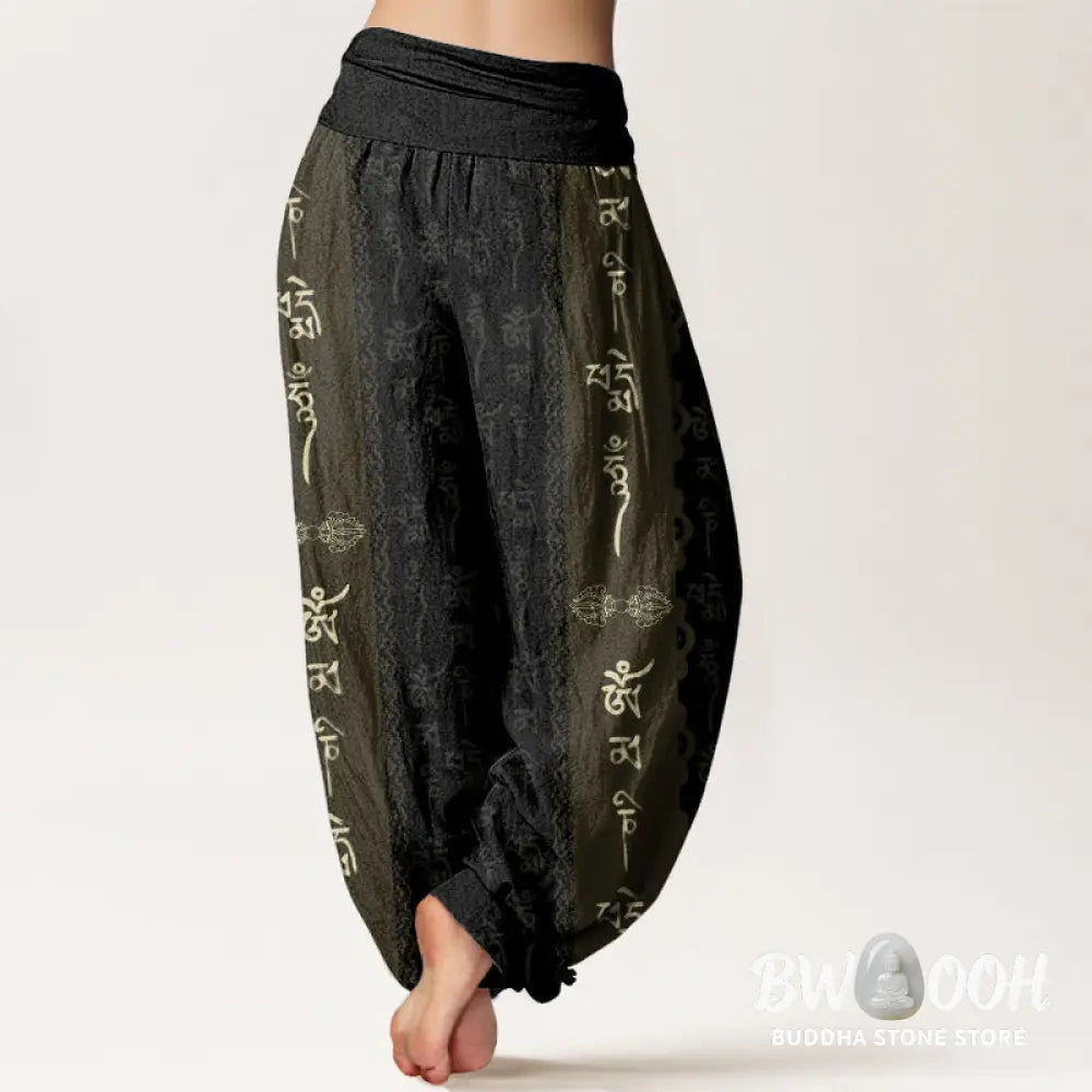 Buddha Stones Cotton Om Mani Padme Hum Pattern Women’s Elastic Waist Harem Pants - Women’s Harem Pants