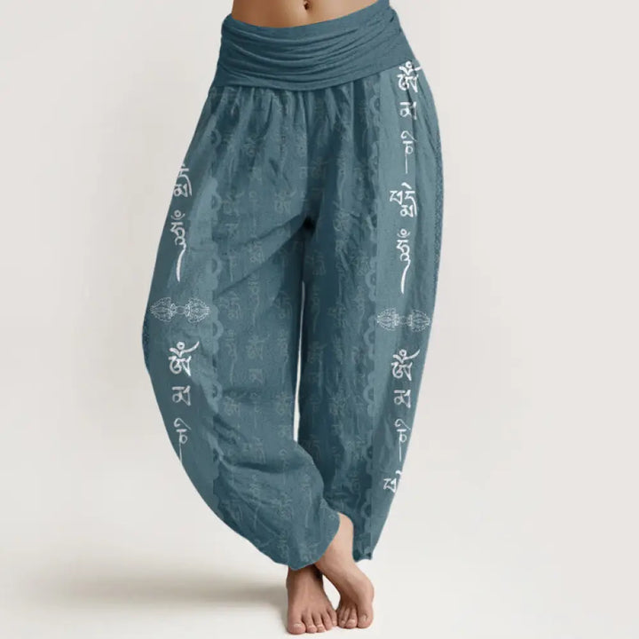 Buddha Stones Cotton Om Mani Padme Hum Pattern Women’s Elastic Waist Harem Pants - DarkCyan / US2，UK/AU6，EU34 (XS)