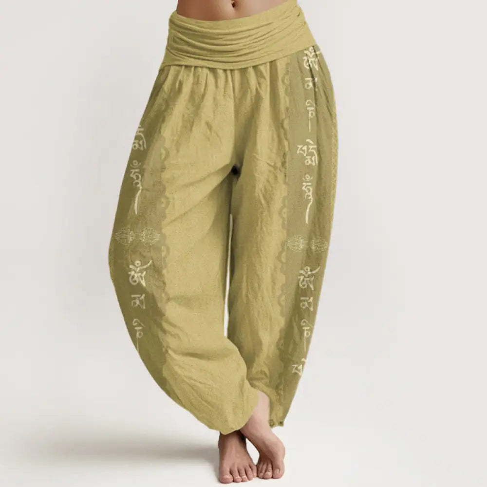 Buddha Stones Cotton Om Mani Padme Hum Pattern Women’s Elastic Waist Harem Pants - Khaki / US2，UK/AU6，EU34 (XS)