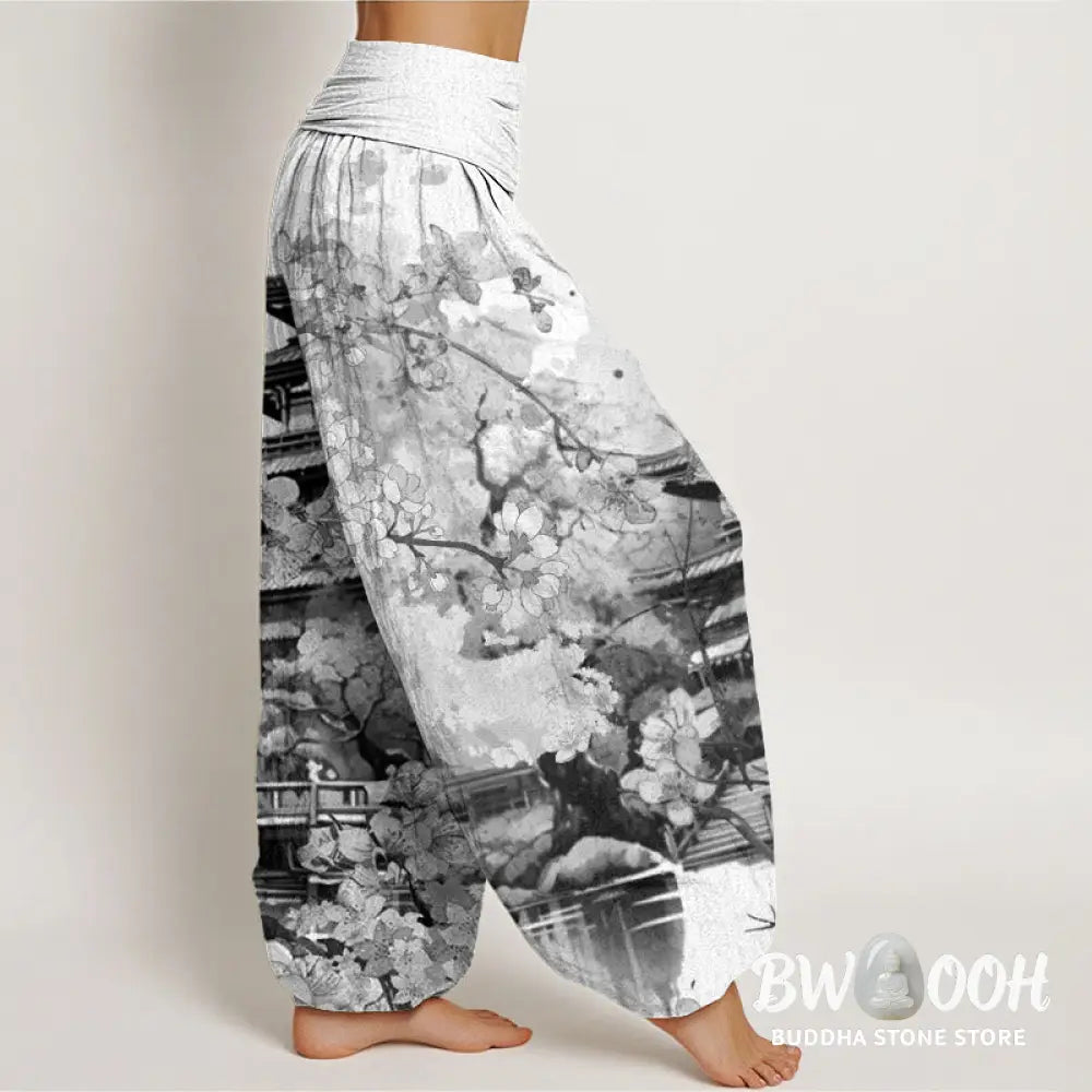 Buddha Stones Cotton Pavilion Cherry Blossom Pattern Women’s Elastic Waist Harem Pants - Women’s Harem Pants