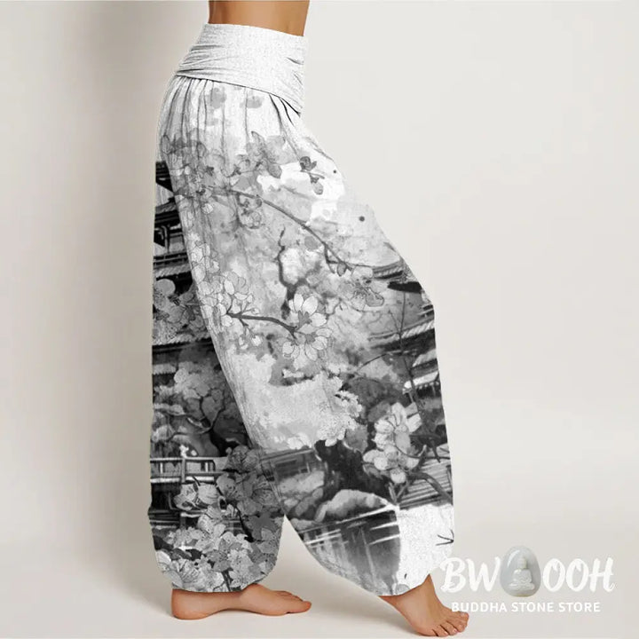 Buddha Stones Cotton Pavilion Cherry Blossom Pattern Women’s Elastic Waist Harem Pants - Women’s Harem Pants