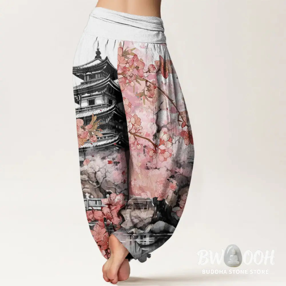 Buddha Stones Cotton Pavilion Cherry Blossom Pattern Women’s Elastic Waist Harem Pants - Women’s Harem Pants