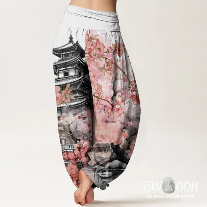 Buddha Stones Cotton Pavilion Cherry Blossom Pattern Women’s Elastic Waist Harem Pants - Women’s Harem Pants