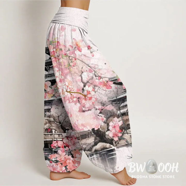 Buddha Stones Cotton Pavilion Cherry Blossom Pattern Women’s Elastic Waist Harem Pants - Women’s Harem Pants
