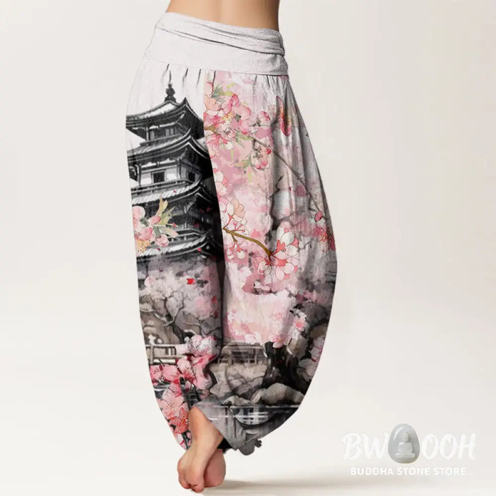 Buddha Stones Cotton Pavilion Cherry Blossom Pattern Women’s Elastic Waist Harem Pants - Women’s Harem Pants
