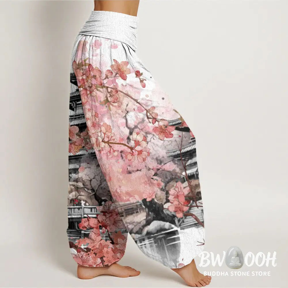 Buddha Stones Cotton Pavilion Cherry Blossom Pattern Women’s Elastic Waist Harem Pants - Women’s Harem Pants