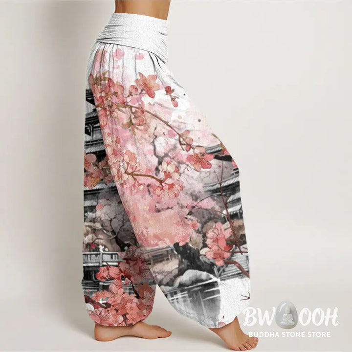 Buddha Stones Cotton Pavilion Cherry Blossom Pattern Women’s Elastic Waist Harem Pants - Women’s Harem Pants