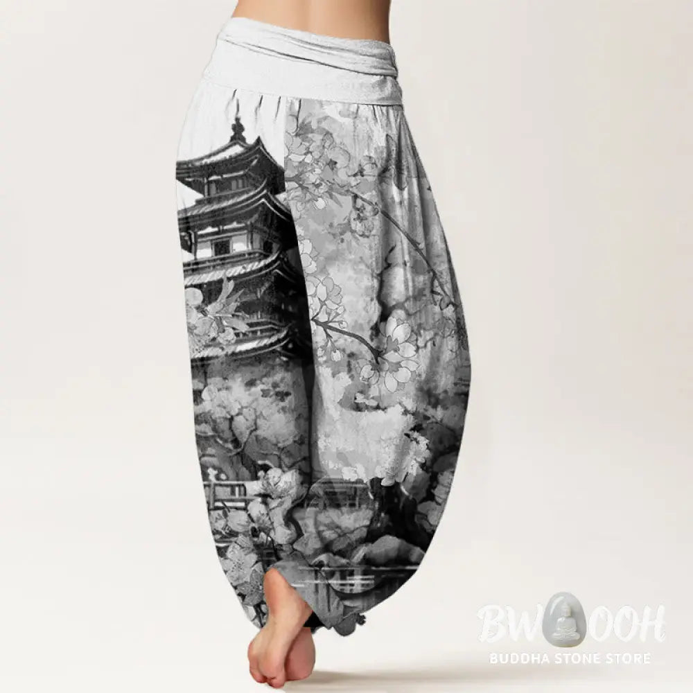 Buddha Stones Cotton Pavilion Cherry Blossom Pattern Women’s Elastic Waist Harem Pants - Women’s Harem Pants