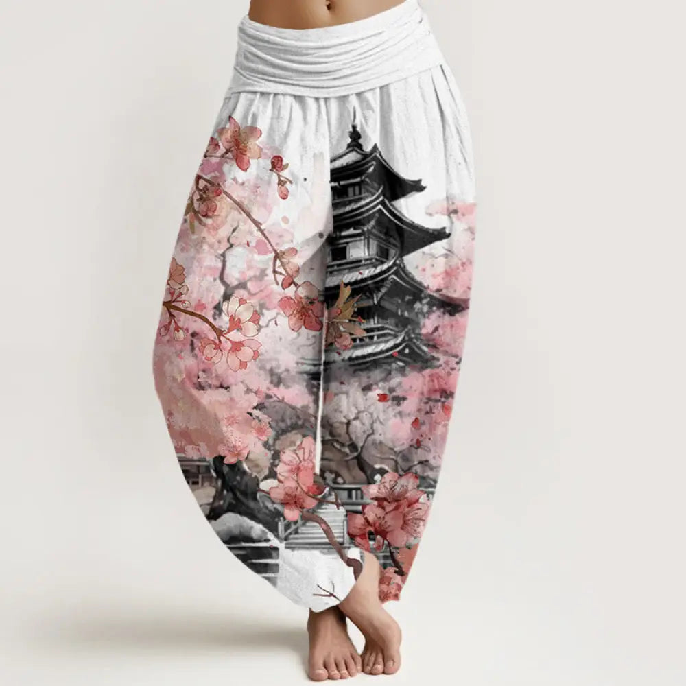 Buddha Stones Cotton Pavilion Cherry Blossom Pattern Women’s Elastic Waist Harem Pants - Snow / US2，UK/AU6，EU34 (XS)