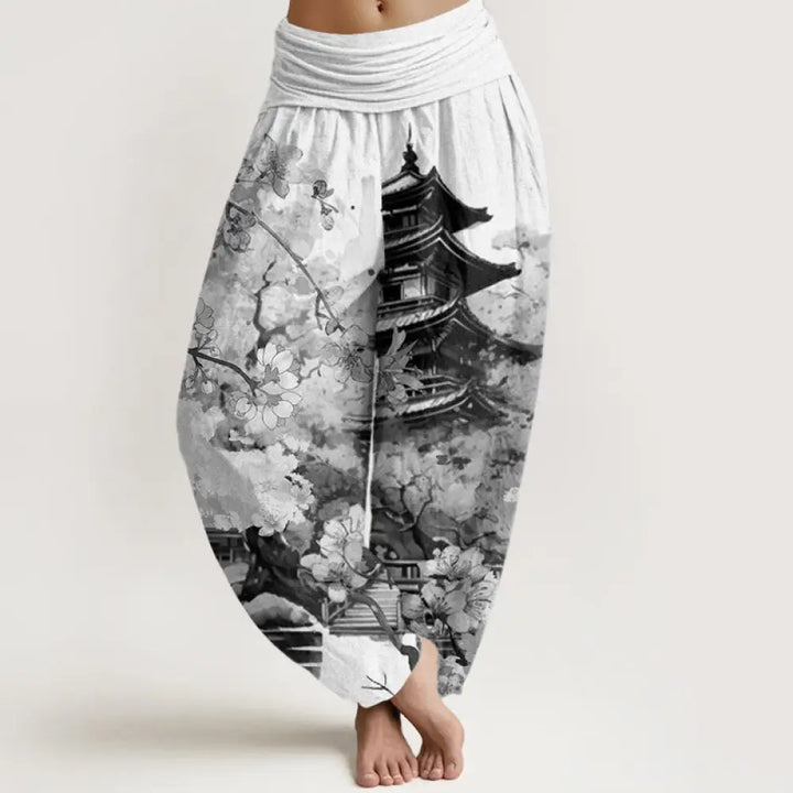 Buddha Stones Cotton Pavilion Cherry Blossom Pattern Women’s Elastic Waist Harem Pants - WhiteSmoke / US2，UK/AU6，EU34