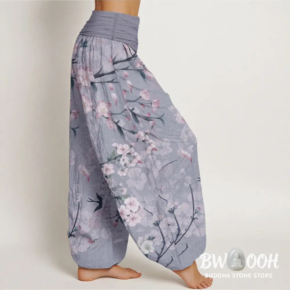 Buddha Stones Cotton Peach Blossoms Flying Geese Pattern Women’s Elastic Waist Harem Pants - Women’s Harem Pants