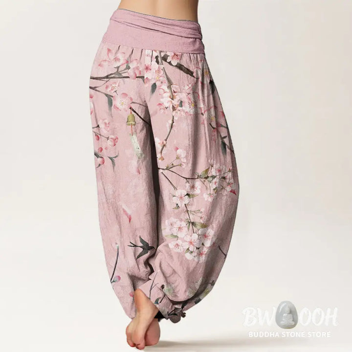 Buddha Stones Cotton Peach Blossoms Flying Geese Pattern Women’s Elastic Waist Harem Pants - Women’s Harem Pants