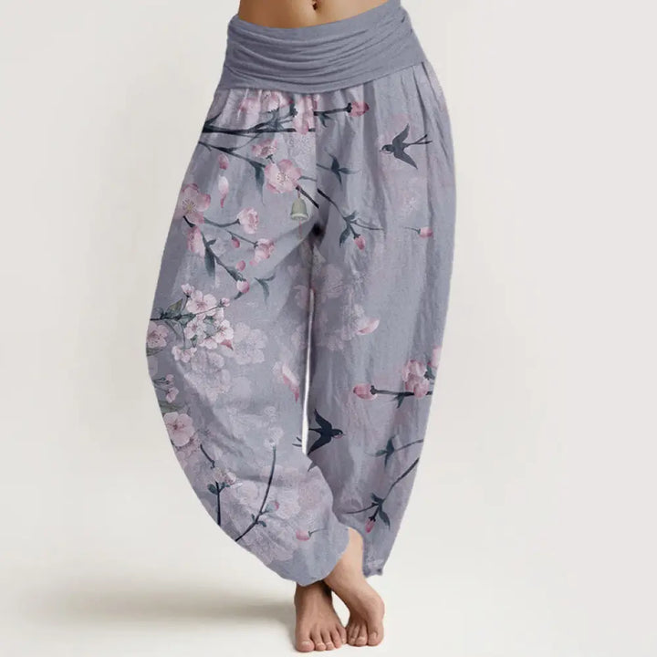 Buddha Stones Cotton Peach Blossoms Flying Geese Pattern Women’s Elastic Waist Harem Pants - CornflowerBlue