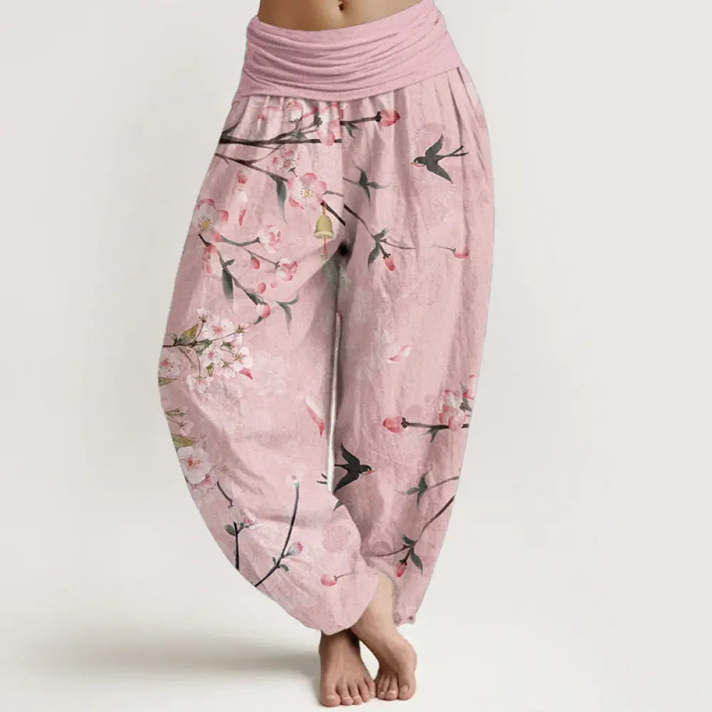 Buddha Stones Cotton Peach Blossoms Flying Geese Pattern Women’s Elastic Waist Harem Pants - Pink / US2，UK/AU6，EU34