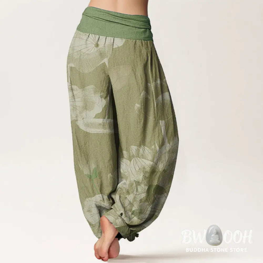 Buddha Stones Cotton Pink And White Lotus Women’s Elastic Waist Harem Pants - Women’s Harem Pants