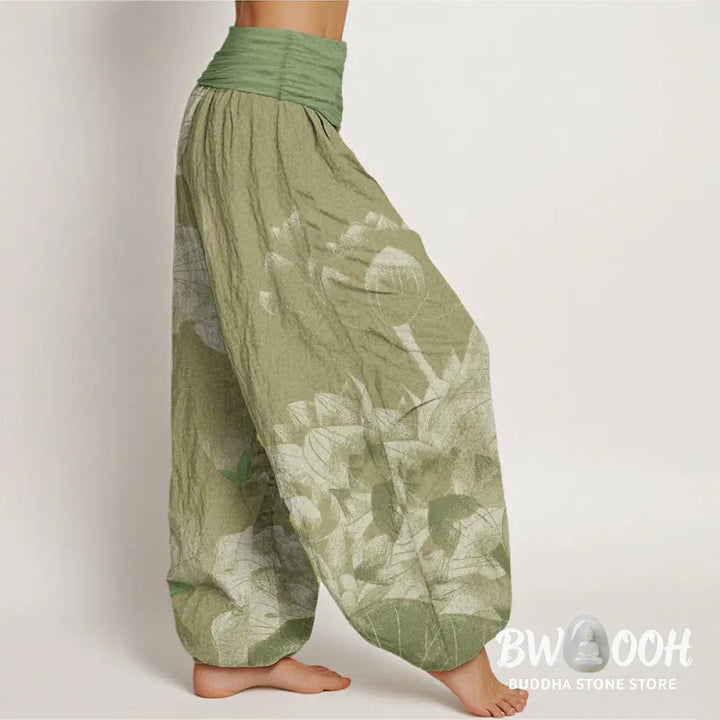 Buddha Stones Cotton Pink And White Lotus Women’s Elastic Waist Harem Pants - Women’s Harem Pants