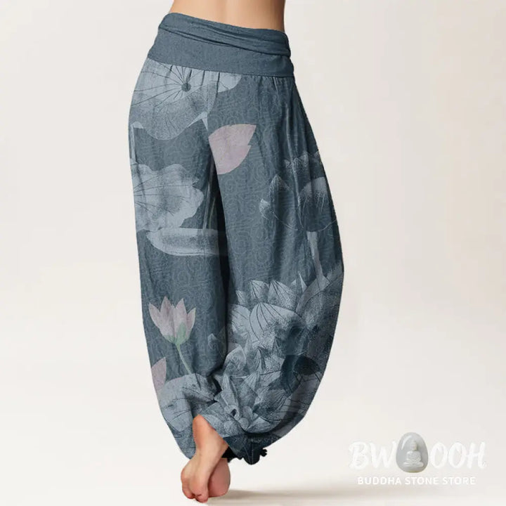 Buddha Stones Cotton Pink And White Lotus Women’s Elastic Waist Harem Pants - Women’s Harem Pants