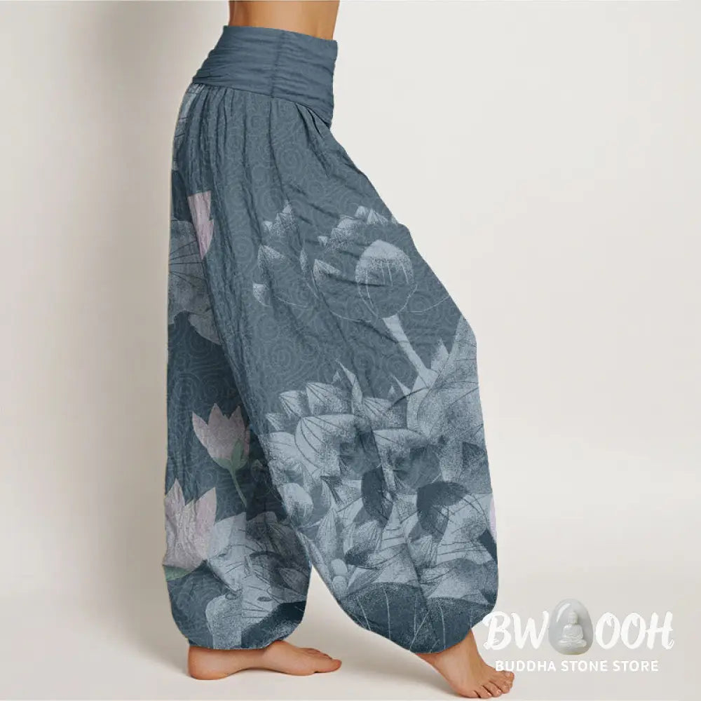 Buddha Stones Cotton Pink And White Lotus Women’s Elastic Waist Harem Pants - Women’s Harem Pants
