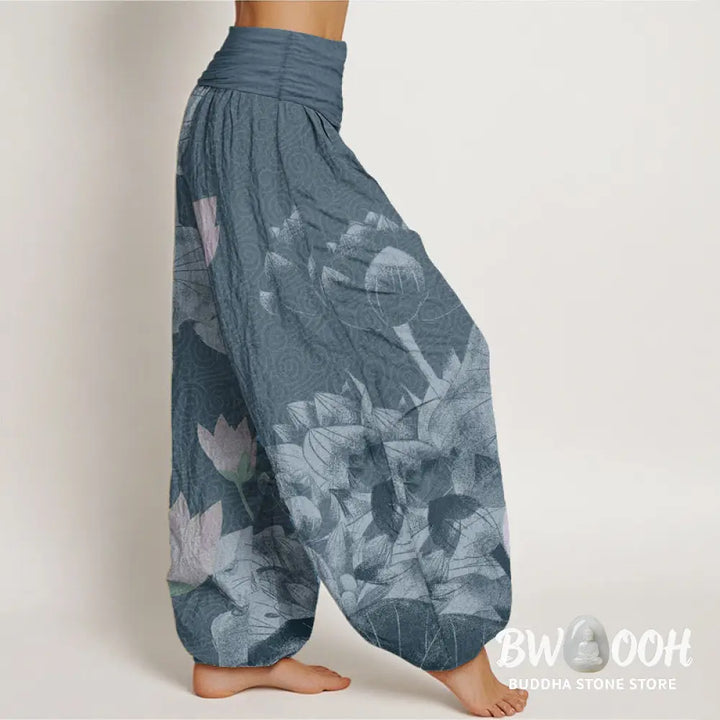 Buddha Stones Cotton Pink And White Lotus Women’s Elastic Waist Harem Pants - Women’s Harem Pants