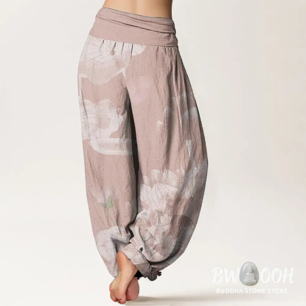 Buddha Stones Cotton Pink And White Lotus Women’s Elastic Waist Harem Pants - Women’s Harem Pants