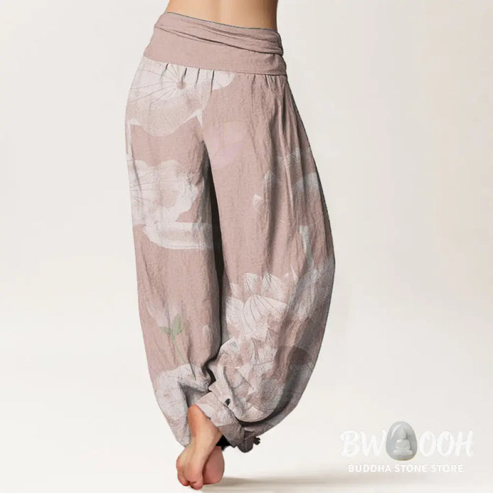 Buddha Stones Cotton Pink And White Lotus Women’s Elastic Waist Harem Pants - Women’s Harem Pants