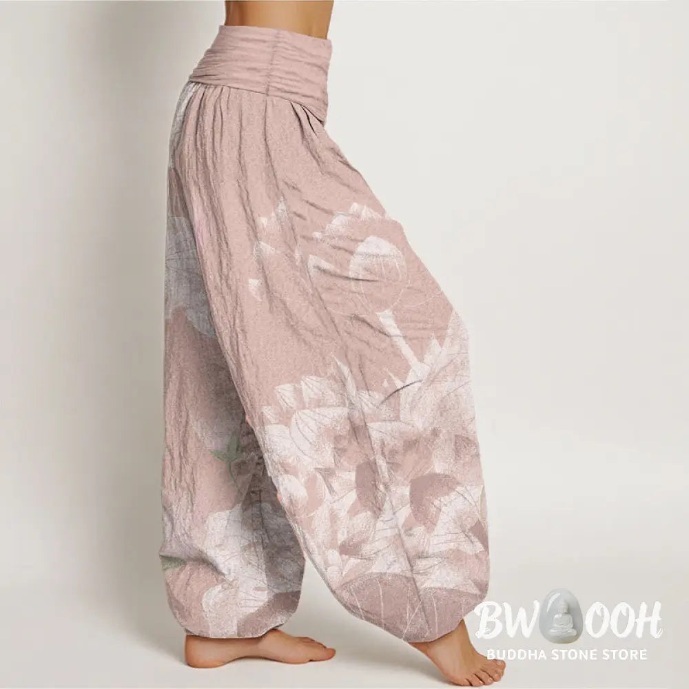 Buddha Stones Cotton Pink And White Lotus Women’s Elastic Waist Harem Pants - Women’s Harem Pants