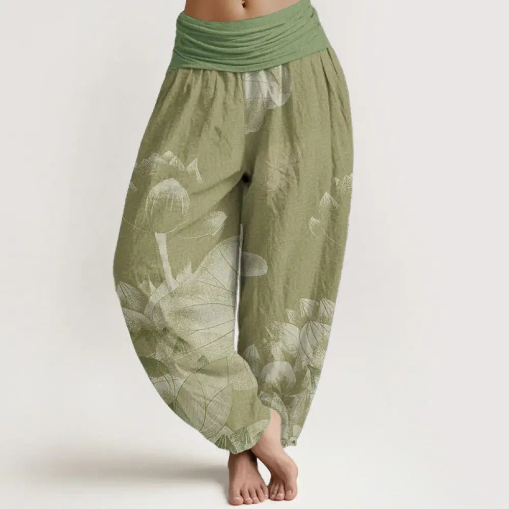 Buddha Stones Cotton Pink And White Lotus Women’s Elastic Waist Harem Pants - DarkKhaki / US2，UK/AU6，EU34 (XS)