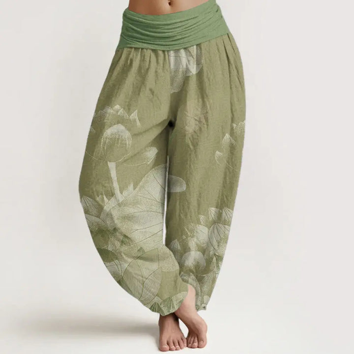 Buddha Stones Cotton Pink And White Lotus Women’s Elastic Waist Harem Pants - DarkKhaki / US2，UK/AU6，EU34 (XS)