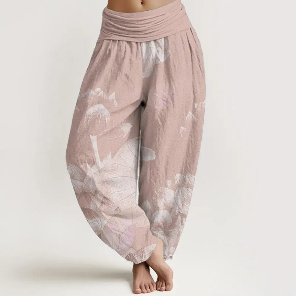BWOOOH lotus print harem pants - Cotton Pink And White Lotus Women&