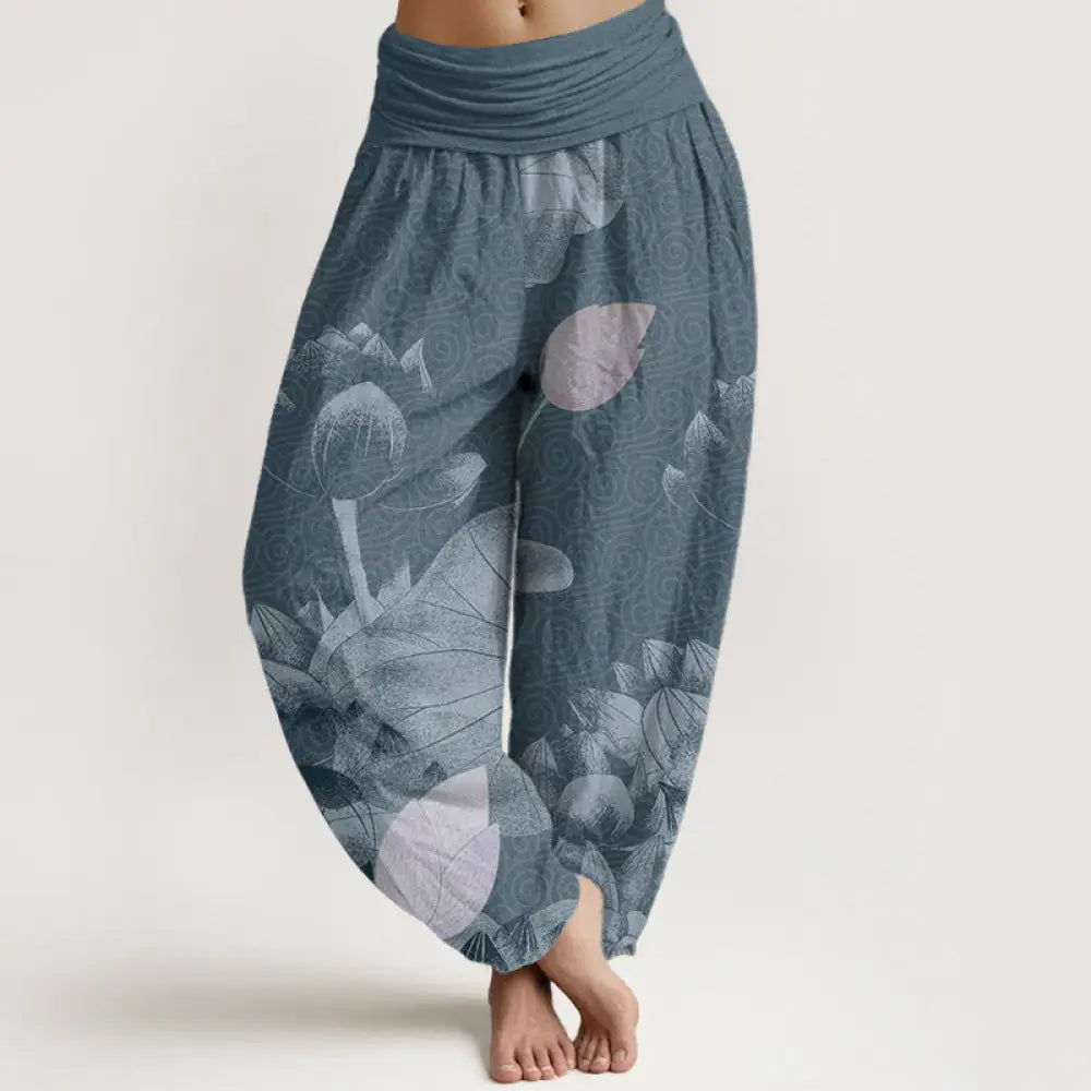 Buddha Stones Cotton Pink And White Lotus Women’s Elastic Waist Harem Pants - SteelBlue / US2，UK/AU6，EU34 (XS)
