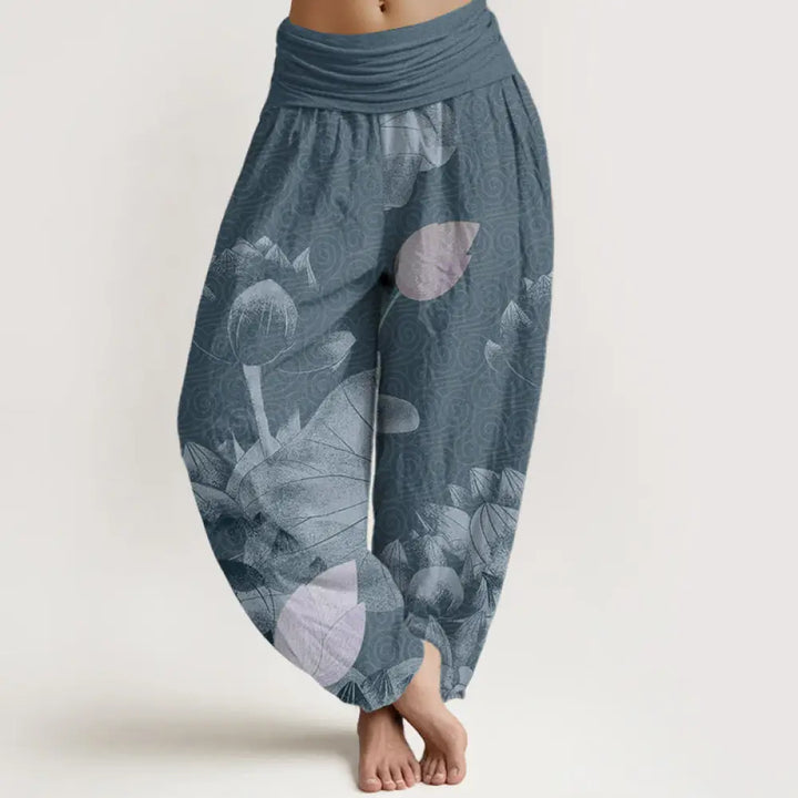 Buddha Stones Cotton Pink And White Lotus Women’s Elastic Waist Harem Pants - SteelBlue / US2，UK/AU6，EU34 (XS)