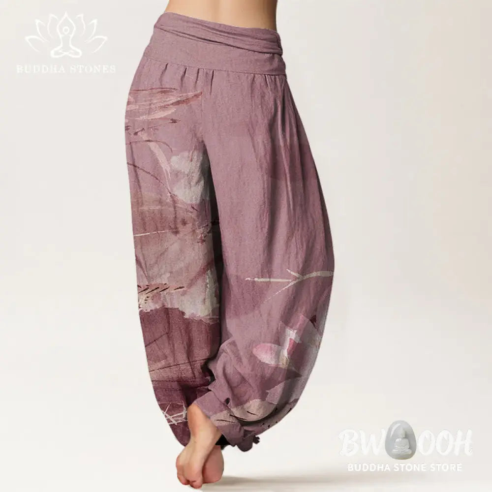Buddha Stones Cotton Pink Lotus Leaves Bird Pattern Women’s Elastic Waist Harem Pants - Women’s Harem Pants