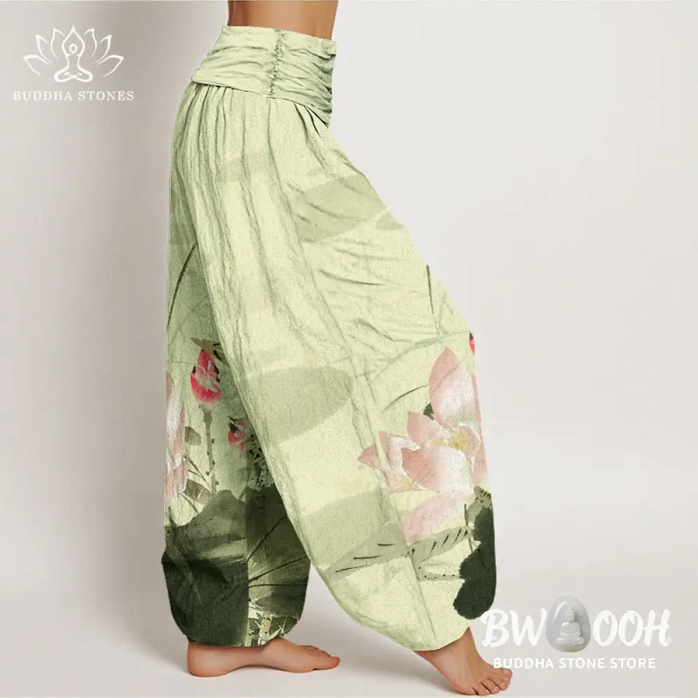 Buddha Stones Cotton Pink Lotus Leaves Bird Pattern Women’s Elastic Waist Harem Pants - Women’s Harem Pants