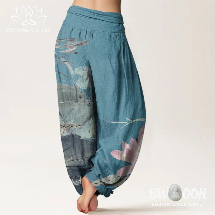 Buddha Stones Cotton Pink Lotus Leaves Bird Pattern Women’s Elastic Waist Harem Pants - Women’s Harem Pants