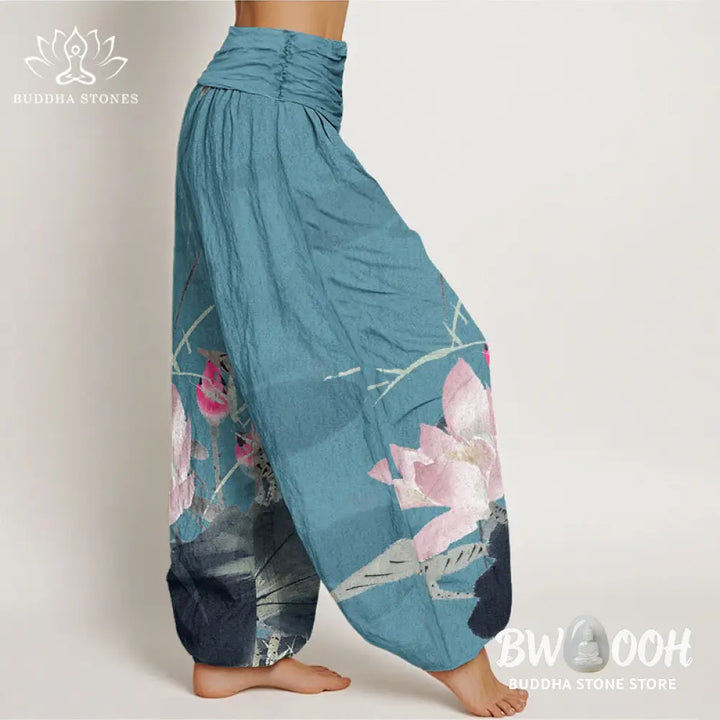 Buddha Stones Cotton Pink Lotus Leaves Bird Pattern Women’s Elastic Waist Harem Pants - Women’s Harem Pants