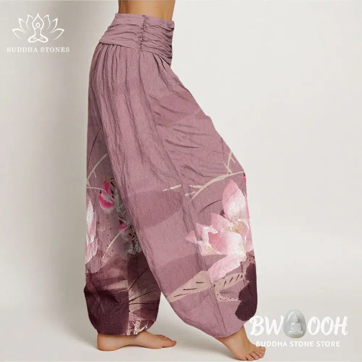 Buddha Stones Cotton Pink Lotus Leaves Bird Pattern Women’s Elastic Waist Harem Pants - Women’s Harem Pants