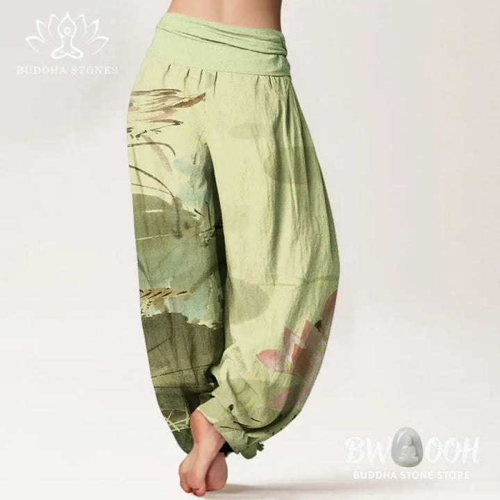 Buddha Stones Cotton Pink Lotus Leaves Bird Pattern Women’s Elastic Waist Harem Pants - Women’s Harem Pants