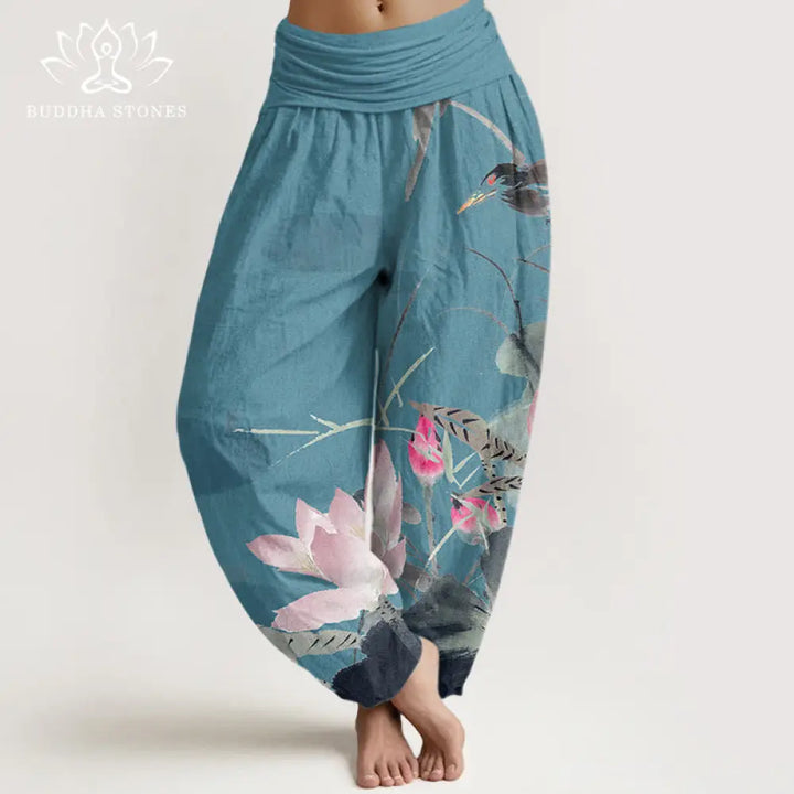 Buddha Stones Cotton Pink Lotus Leaves Bird Pattern Women’s Elastic Waist Harem Pants - DarkTurquoise / US2，UK/AU6，EU34
